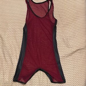 NWOT Go Softwear Burgundy and Black Men's Sheer Bodysuit